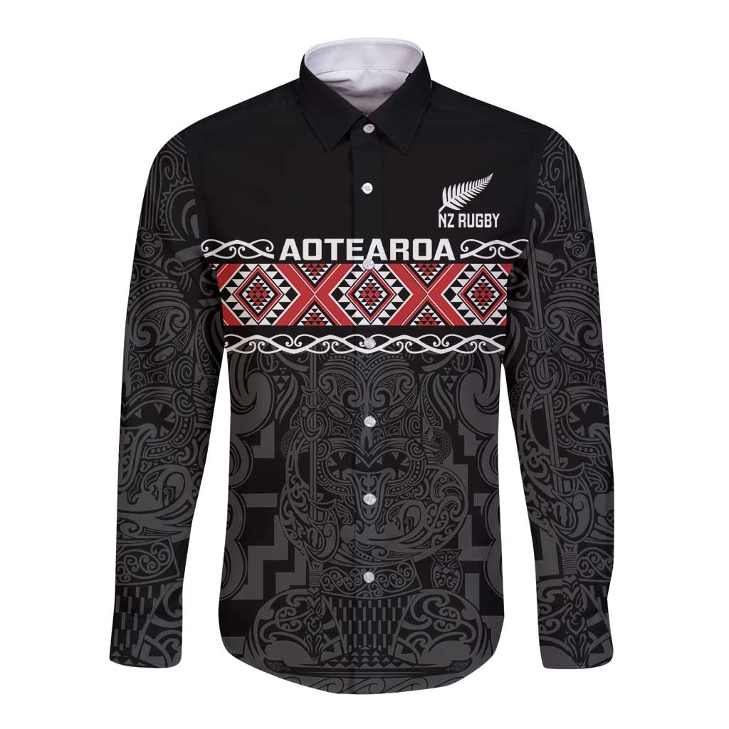 Custom New Zealand Silver Fern Rugby Long Sleeve Button Shirt All Black Maori Taniko Pattern