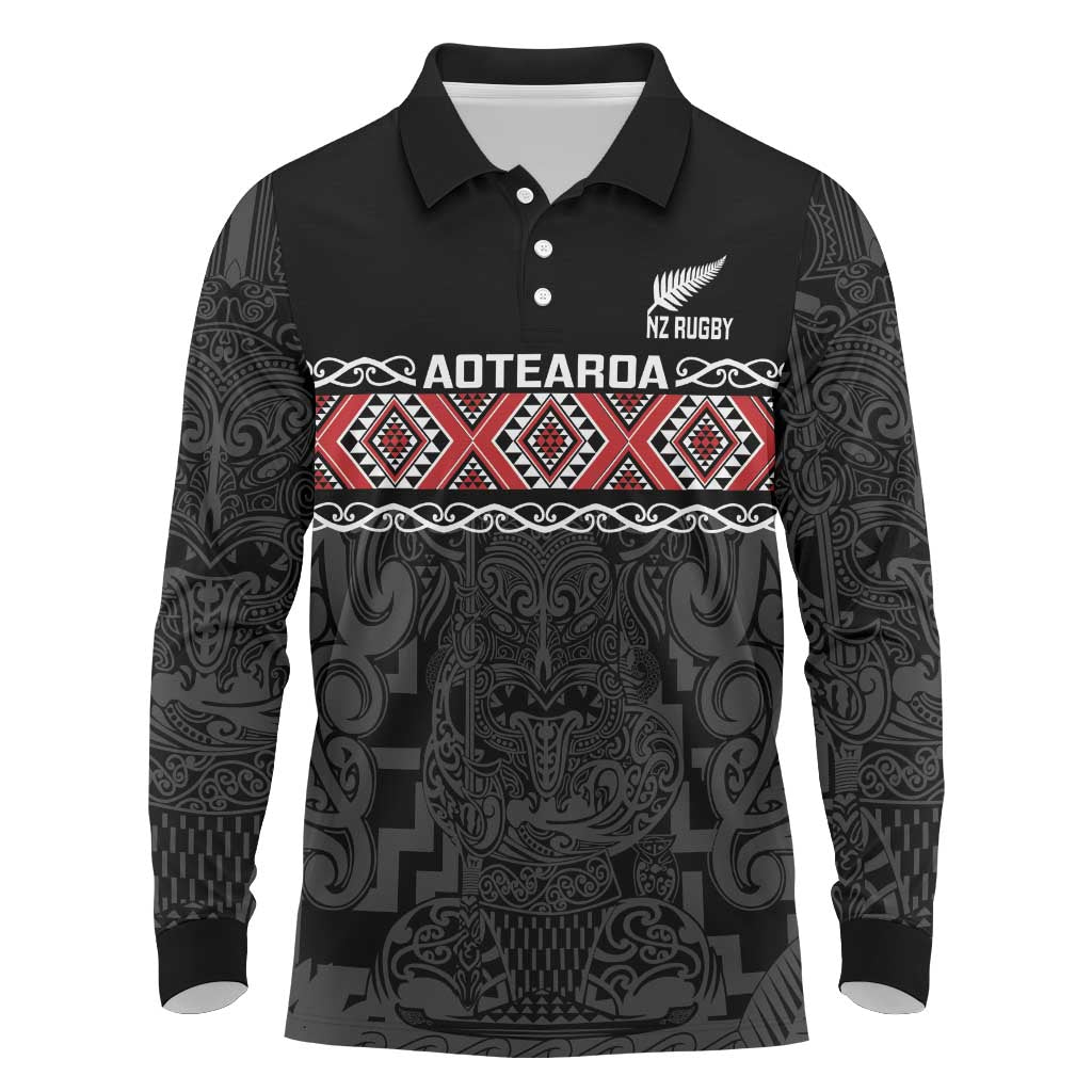 Custom New Zealand Silver Fern Rugby Long Sleeve Polo Shirt All Black Maori Taniko Pattern