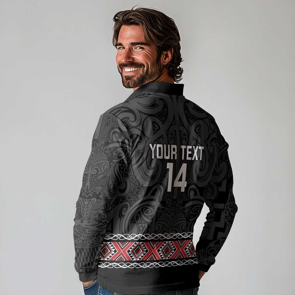 Custom New Zealand Silver Fern Rugby Long Sleeve Polo Shirt All Black Maori Taniko Pattern