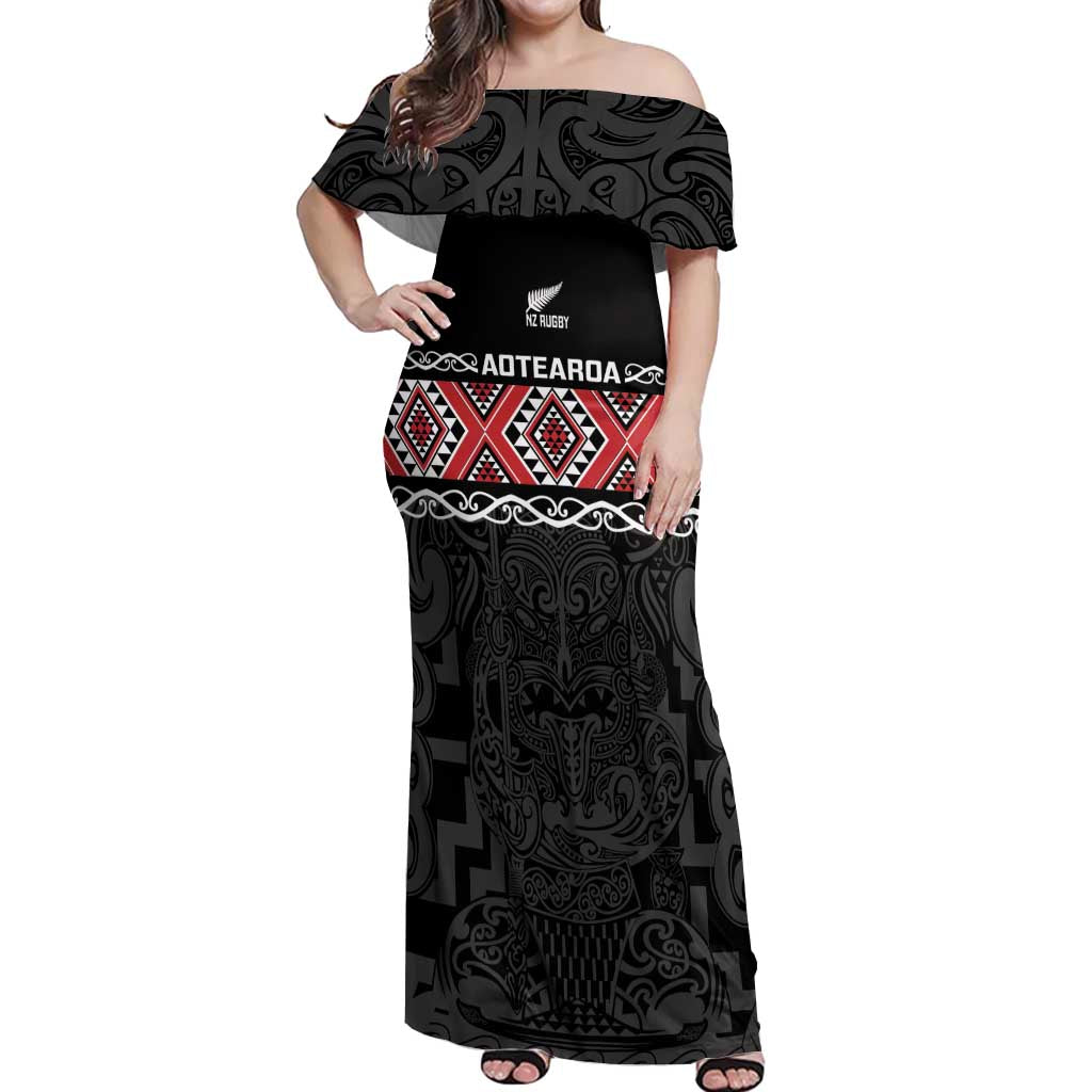 Custom New Zealand Silver Fern Rugby Off Shoulder Maxi Dress All Black Maori Taniko Pattern