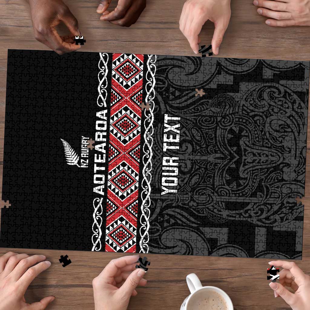 Custom New Zealand Silver Fern Rugby Puzzle All Black Maori Taniko Pattern - Polynesian Pride