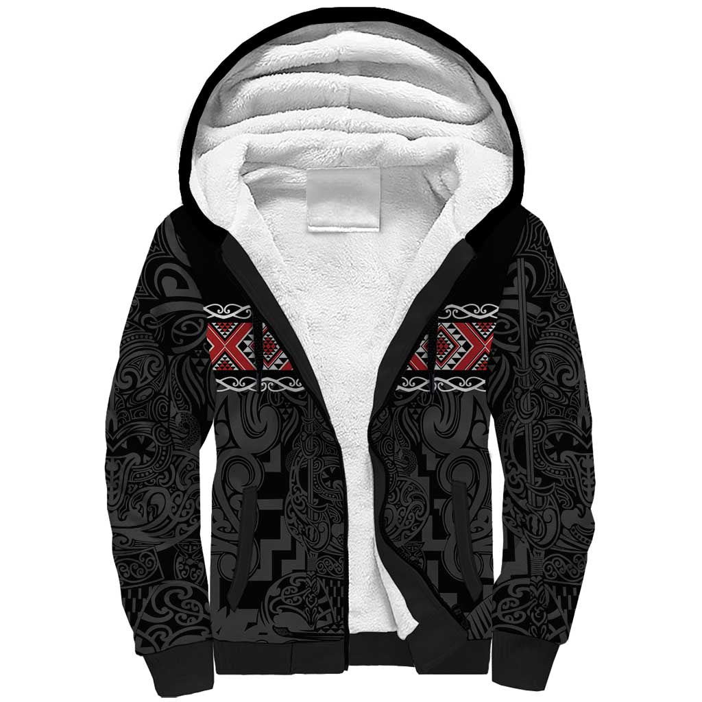 Custom New Zealand Silver Fern Rugby Sherpa Hoodie All Black Maori Taniko Pattern