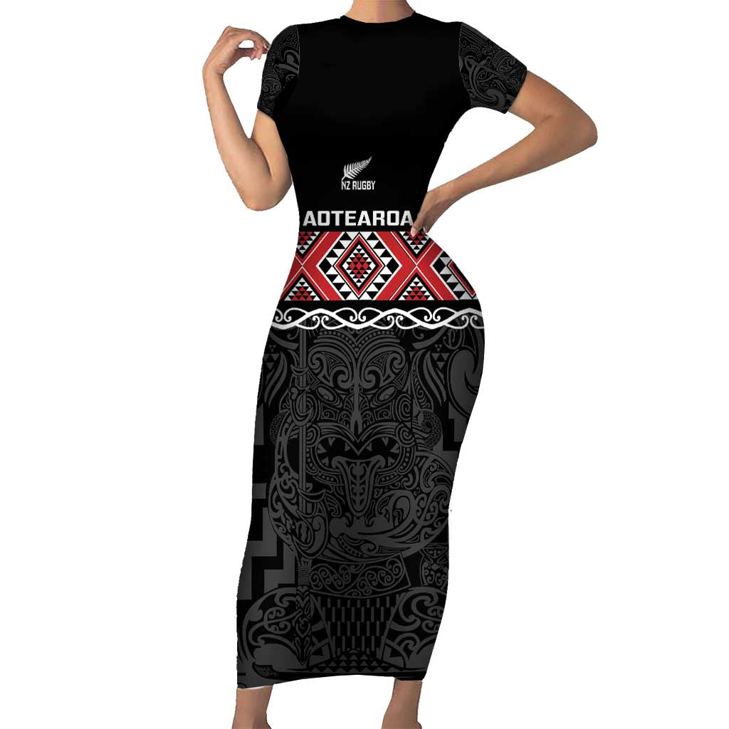 Custom New Zealand Silver Fern Rugby Short Sleeve Bodycon Dress All Black Maori Taniko Pattern