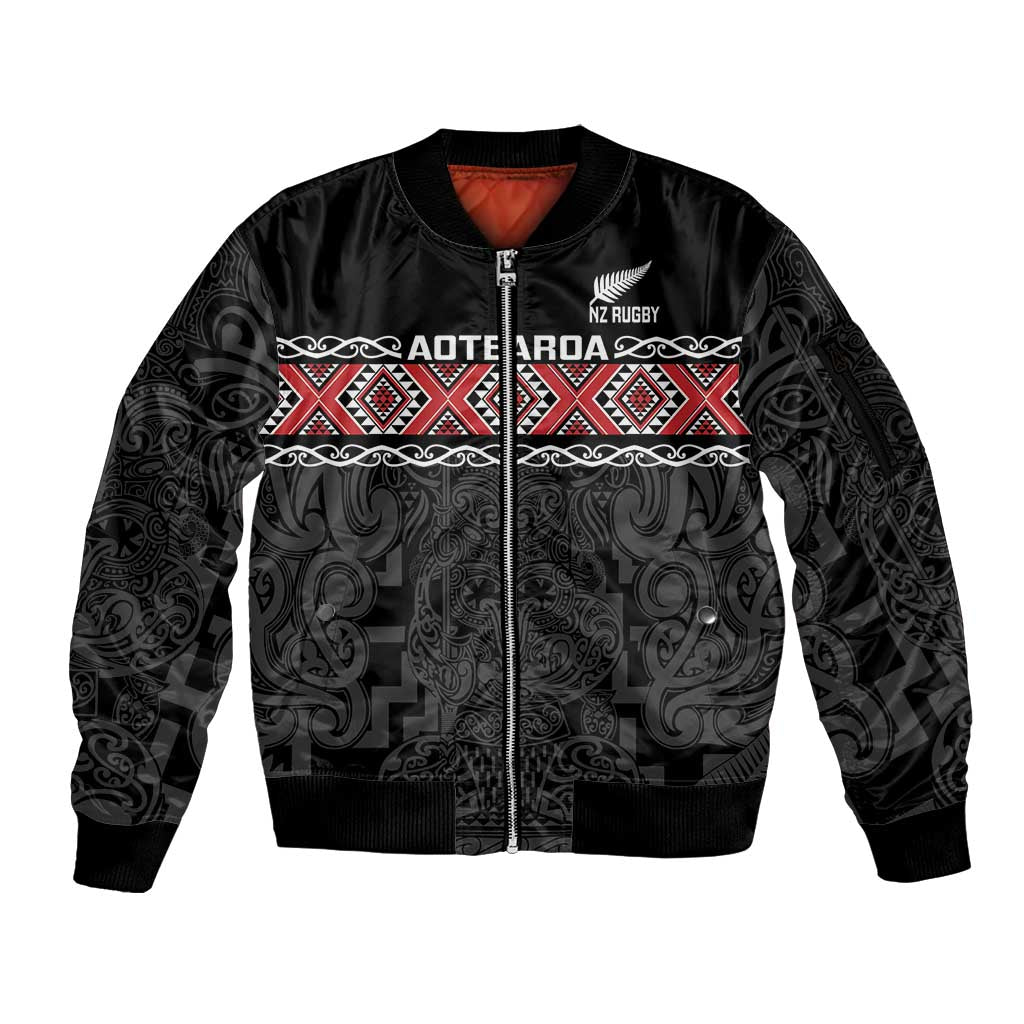 Custom New Zealand Silver Fern Rugby Sleeve Zip Bomber Jacket All Black Maori Taniko Pattern