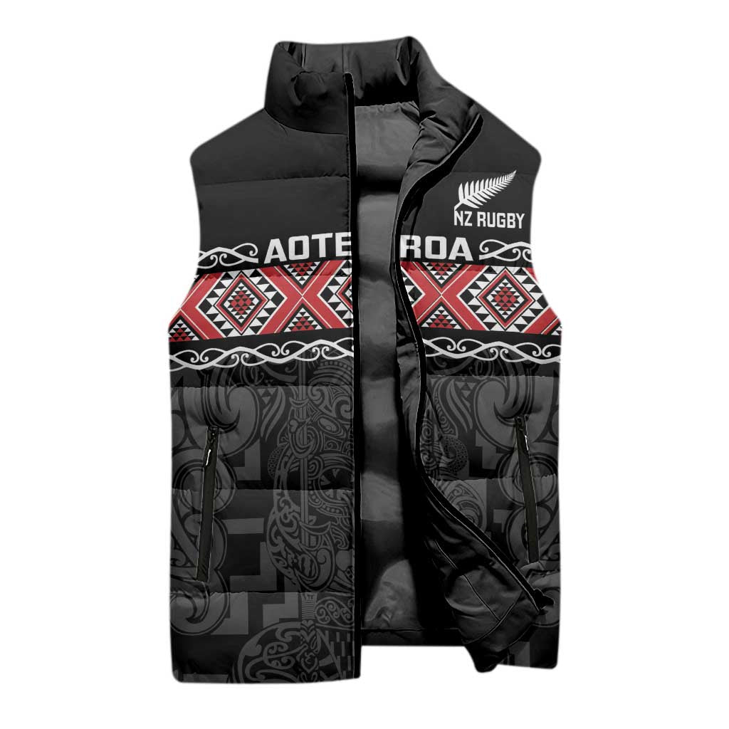 Custom New Zealand Silver Fern Rugby Sleeveless Puffer Jacket All Black Maori Taniko Pattern - Polynesian Pride