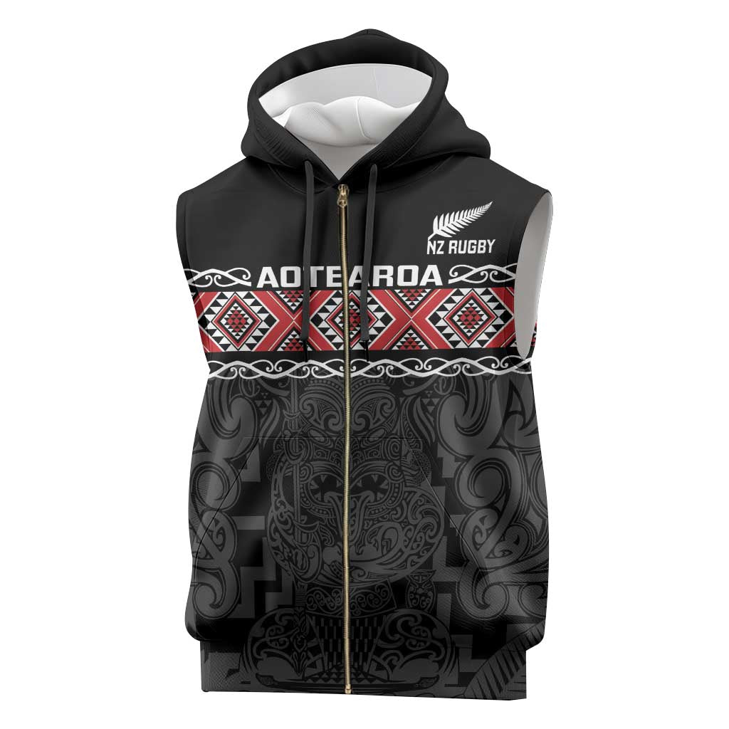 Custom New Zealand Silver Fern Rugby Sleeveless Zip Hoodie All Black Maori Taniko Pattern - Polynesian Pride