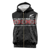 Custom New Zealand Silver Fern Rugby Sleeveless Zip Hoodie All Black Maori Taniko Pattern - Polynesian Pride