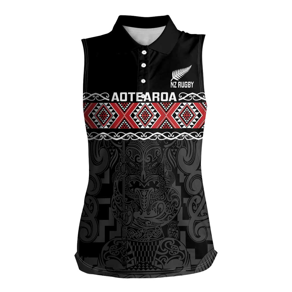 Custom New Zealand Silver Fern Rugby Women Sleeveless Polo Shirt All Black Maori Taniko Pattern