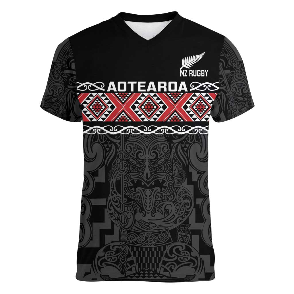 Custom New Zealand Silver Fern Rugby Women V-Neck T-Shirt All Black Maori Taniko Pattern