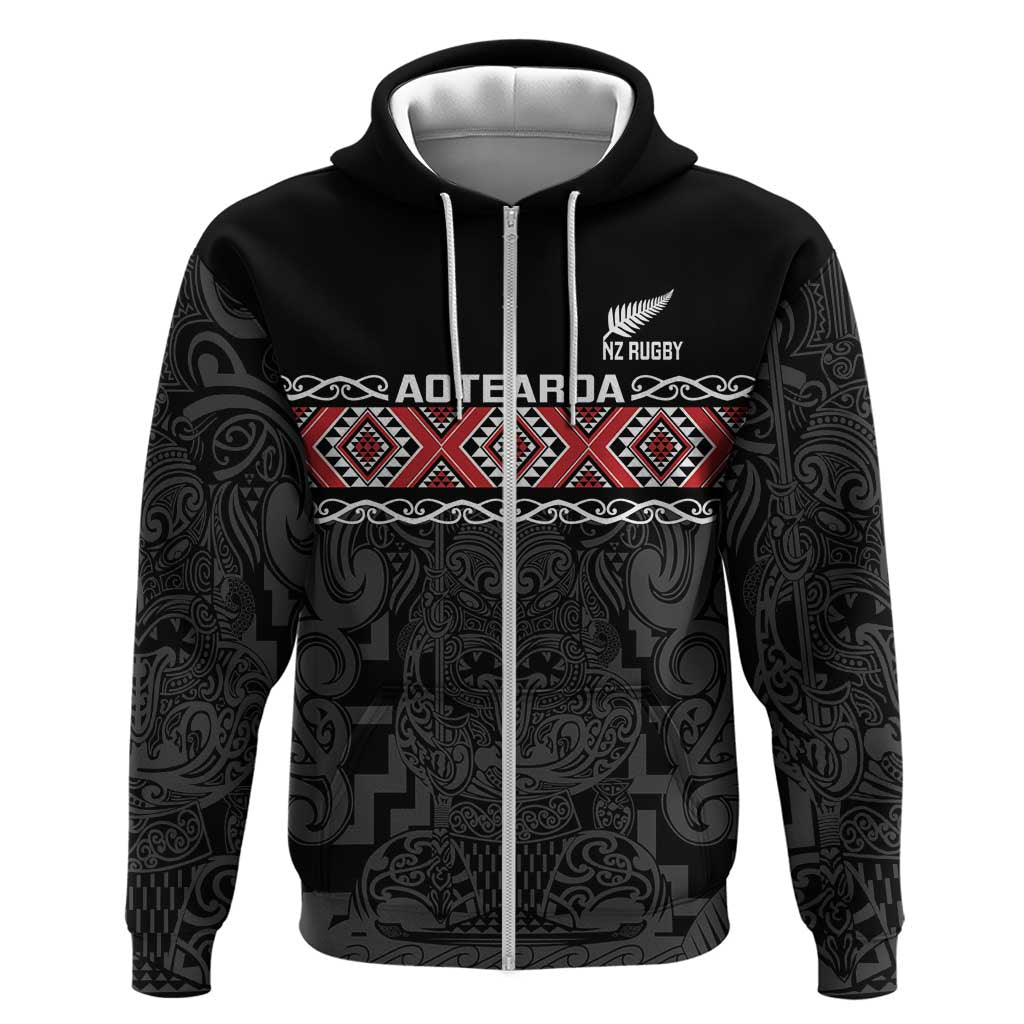 Custom New Zealand Silver Fern Rugby Zip Hoodie All Black Maori Taniko Pattern