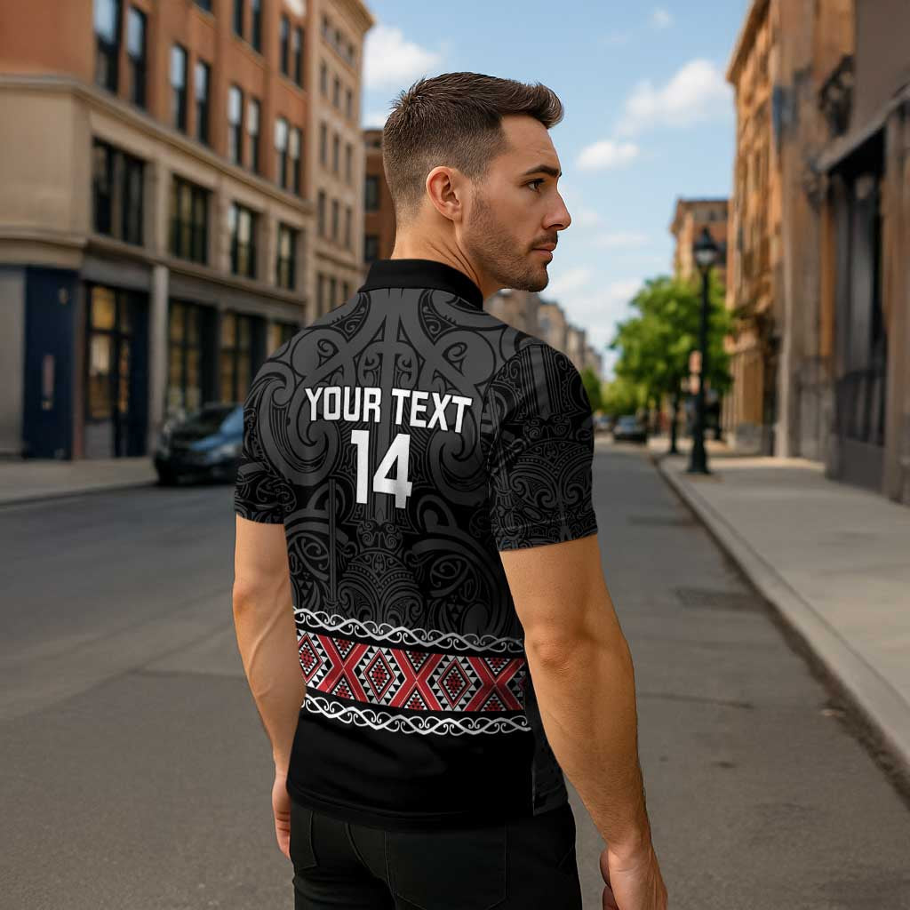 Custom New Zealand Silver Fern Rugby Zipper Polo Shirt All Black Maori Taniko Pattern - Polynesian Pride