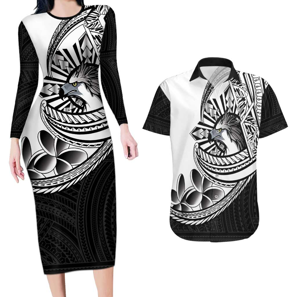 Philippines Eagle Sun Couples Matching Long Sleeve Bodycon Dress and Hawaiian Shirt Filipino Agila Polynesian Tattoo Black Color LT14 Black - Polynesian Pride