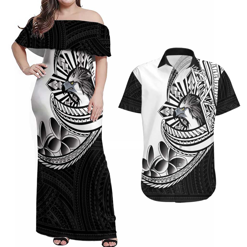 Philippines Eagle Sun Couples Matching Off Shoulder Maxi Dress and Hawaiian Shirt Filipino Agila Polynesian Tattoo Black Color