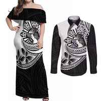 Philippines Eagle Sun Couples Matching Off Shoulder Maxi Dress and Long Sleeve Button Shirt Filipino Agila Polynesian Tattoo Black Color