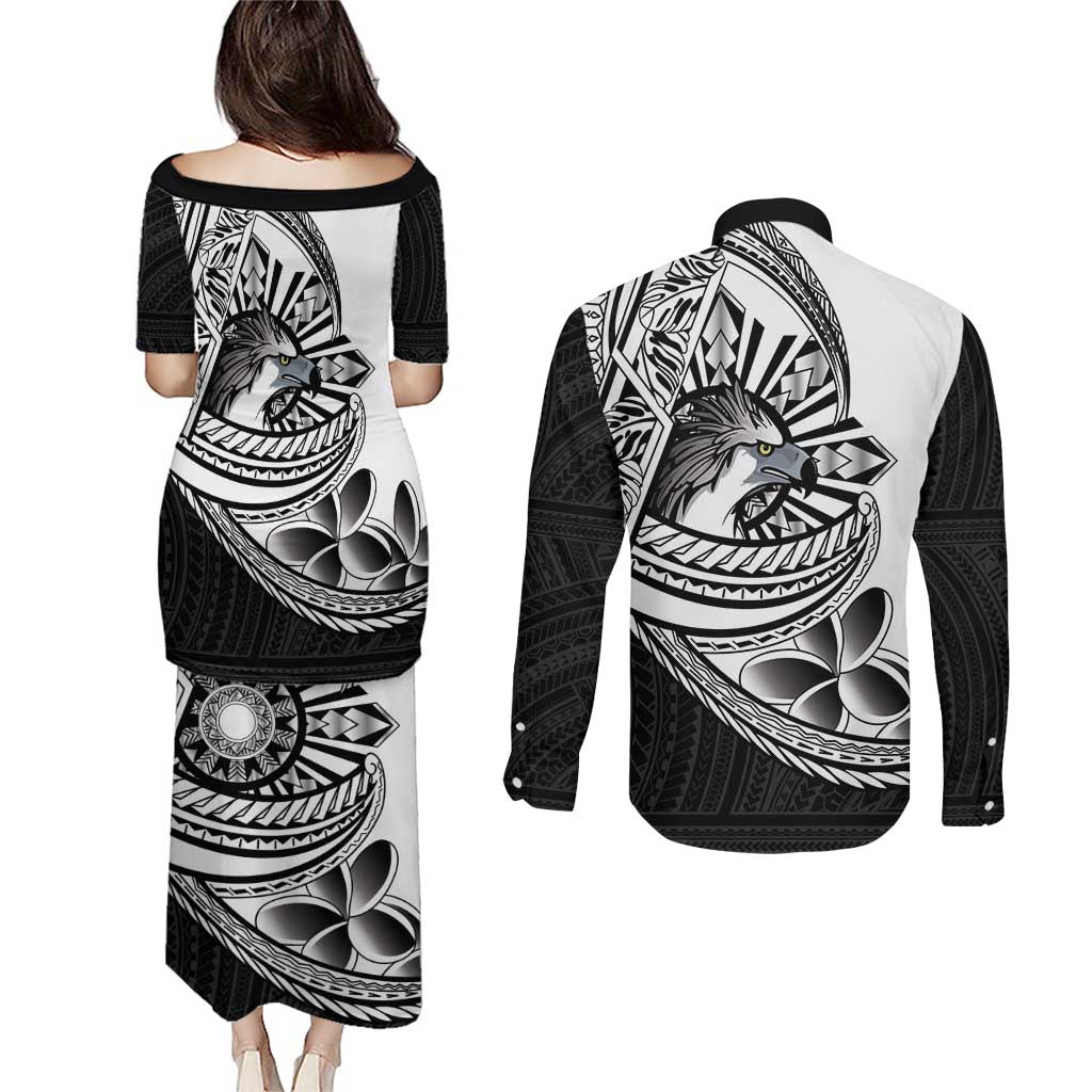Philippines Eagle Sun Couples Matching Puletasi and Long Sleeve Button Shirt Filipino Agila Polynesian Tattoo Black Color