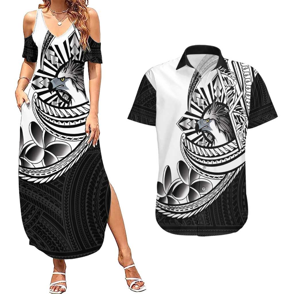 Philippines Eagle Sun Couples Matching Summer Maxi Dress and Hawaiian Shirt Filipino Agila Polynesian Tattoo Black Color