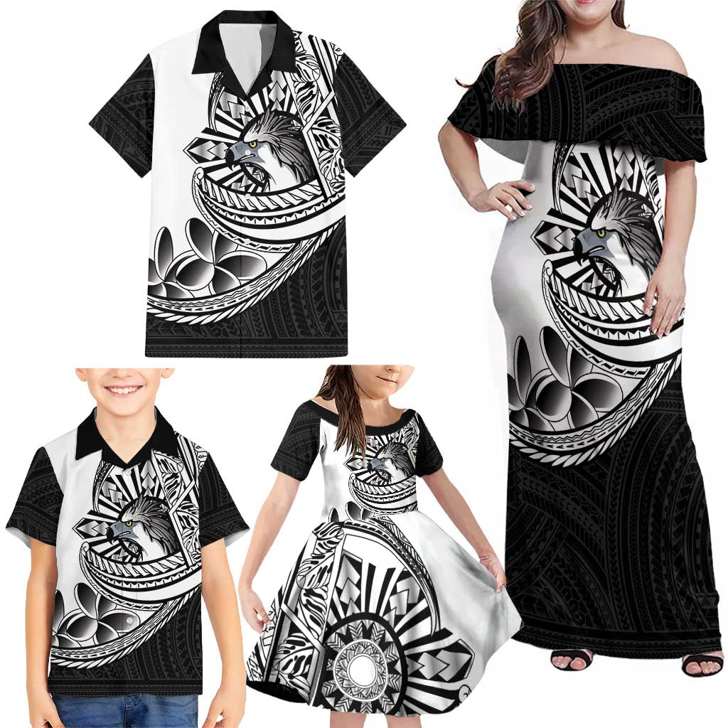 Philippines Eagle Sun Family Matching Off Shoulder Maxi Dress and Hawaiian Shirt Filipino Agila Polynesian Tattoo Black Color