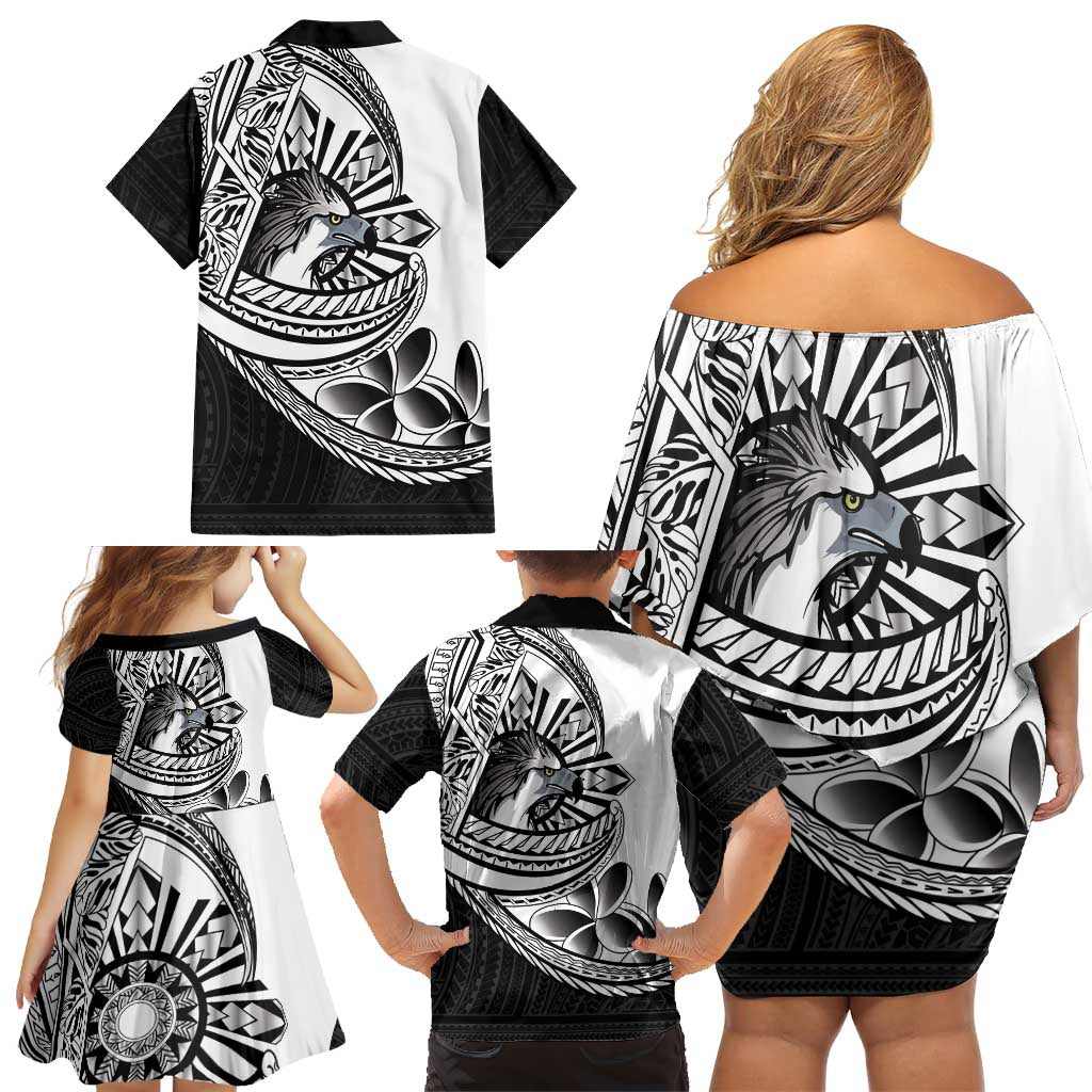 Philippines Eagle Sun Family Matching Off Shoulder Short Dress and Hawaiian Shirt Filipino Agila Polynesian Tattoo Black Color LT14 - Polynesian Pride