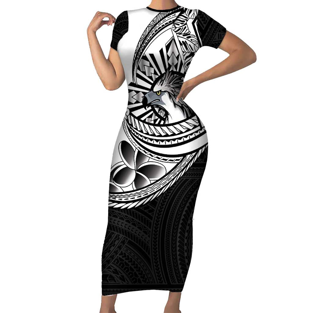 Philippines Eagle Sun Family Matching Short Sleeve Bodycon Dress and Hawaiian Shirt Filipino Agila Polynesian Tattoo Black Color LT14 Mom's Dress Black - Polynesian Pride