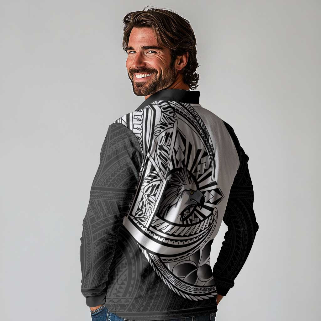 Philippines Eagle Sun Long Sleeve Polo Shirt Filipino Agila Polynesian Tattoo Black Color