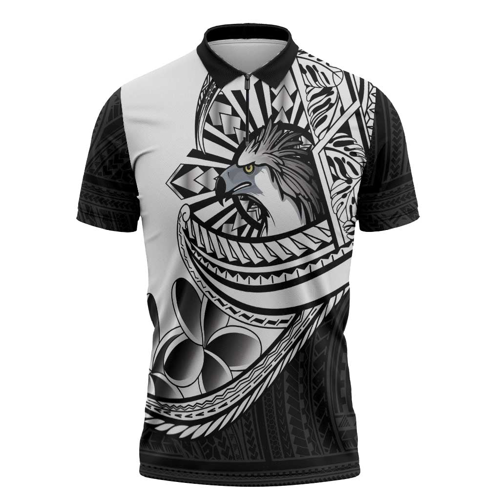 Philippines Eagle Sun Zipper Polo Shirt Filipino Agila Polynesian Tattoo Black Color