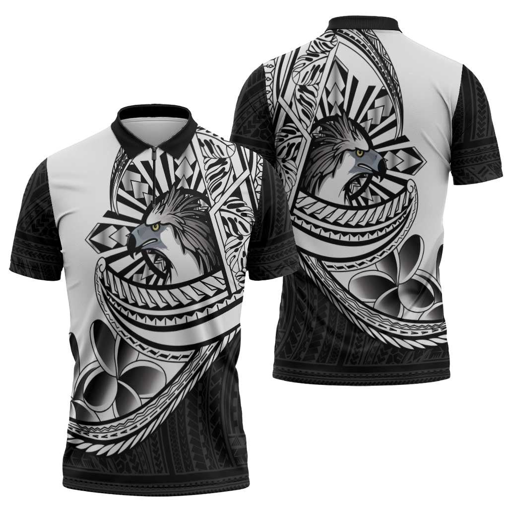 Philippines Eagle Sun Zipper Polo Shirt Filipino Agila Polynesian Tattoo Black Color