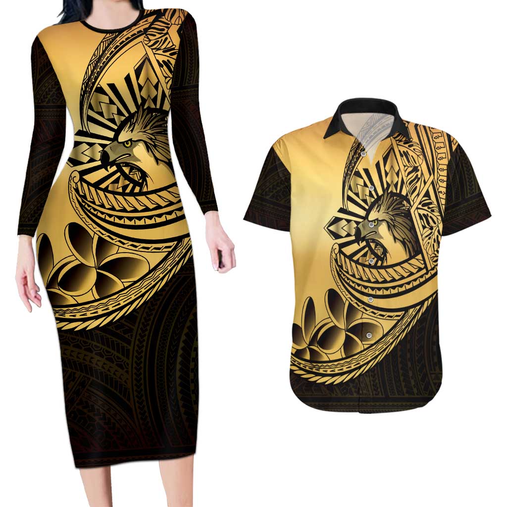 Philippines Eagle Sun Couples Matching Long Sleeve Bodycon Dress and Hawaiian Shirt Filipino Agila Polynesian Tattoo Gold Color