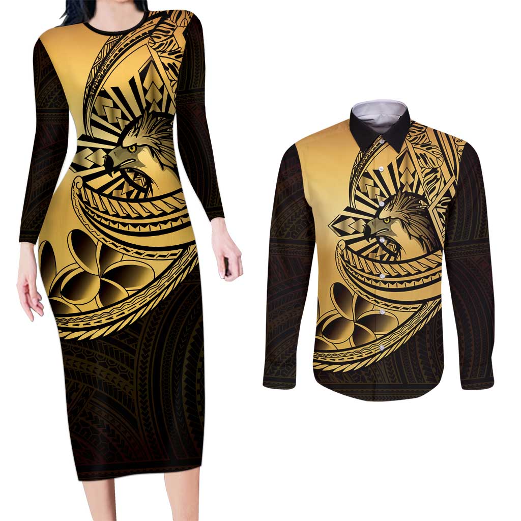 Philippines Eagle Sun Couples Matching Long Sleeve Bodycon Dress and Long Sleeve Button Shirt Filipino Agila Polynesian Tattoo Gold Color LT14 Gold - Polynesian Pride