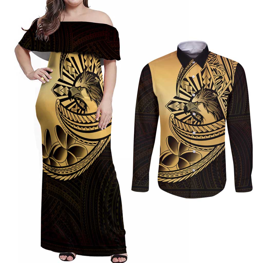 Philippines Eagle Sun Couples Matching Off Shoulder Maxi Dress and Long Sleeve Button Shirt Filipino Agila Polynesian Tattoo Gold Color