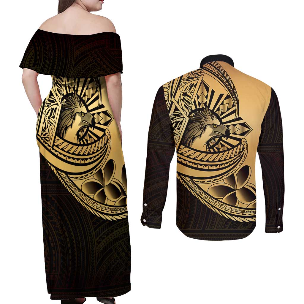 Philippines Eagle Sun Couples Matching Off Shoulder Maxi Dress and Long Sleeve Button Shirt Filipino Agila Polynesian Tattoo Gold Color