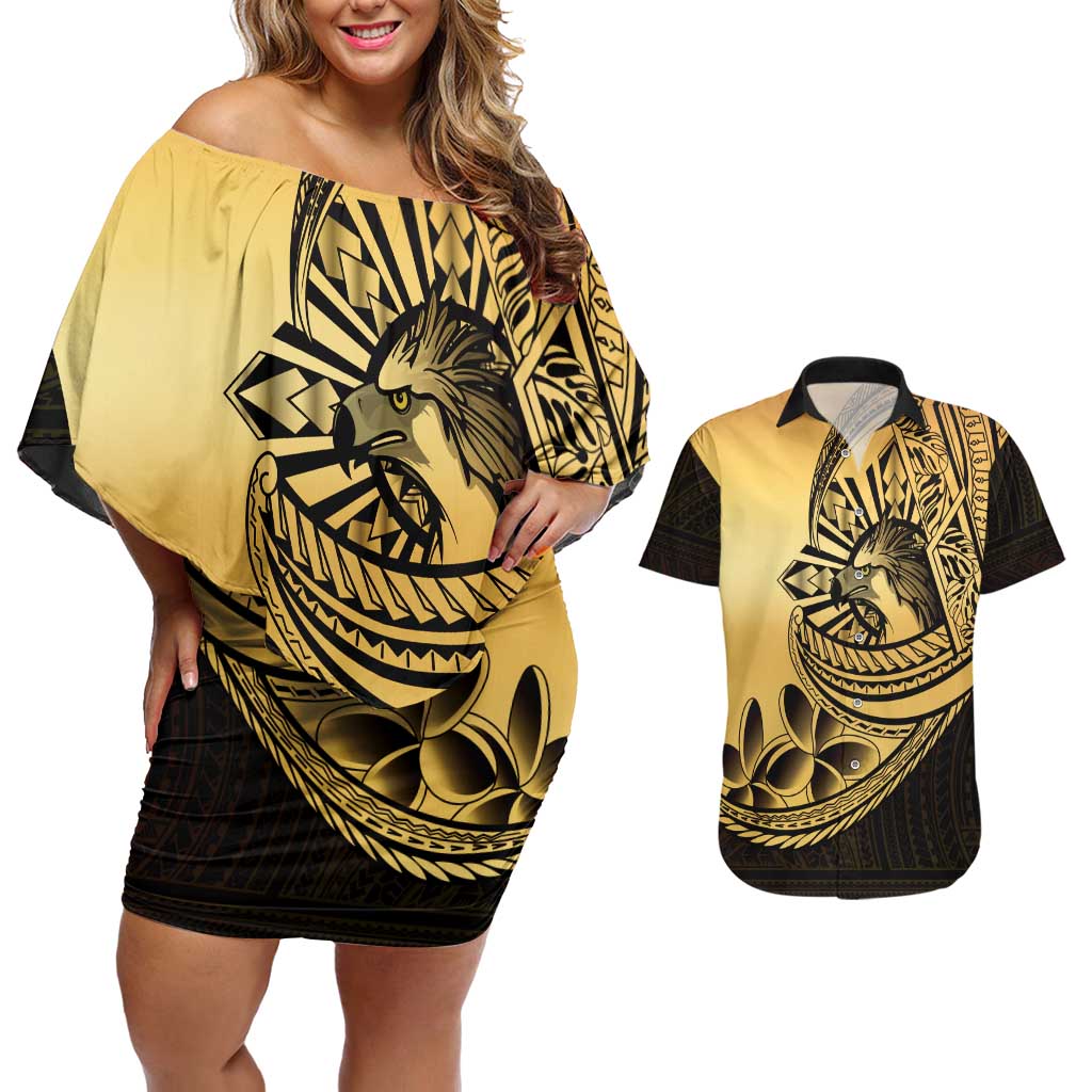 Philippines Eagle Sun Couples Matching Off Shoulder Short Dress and Hawaiian Shirt Filipino Agila Polynesian Tattoo Gold Color