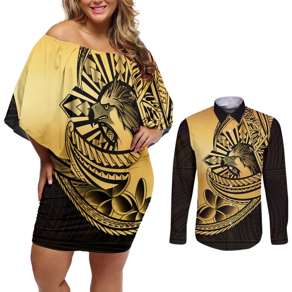 Philippines Eagle Sun Couples Matching Off Shoulder Short Dress and Long Sleeve Button Shirt Filipino Agila Polynesian Tattoo Gold Color