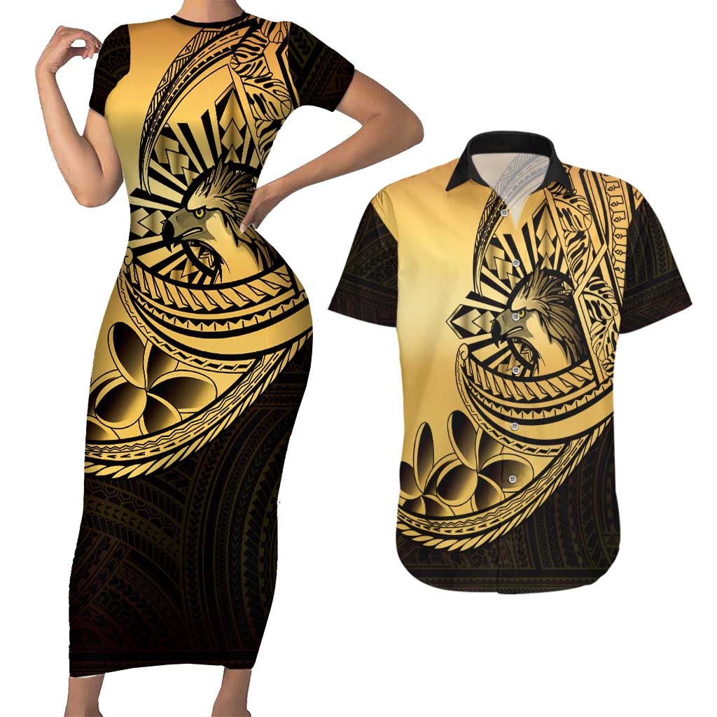 Philippines Eagle Sun Couples Matching Short Sleeve Bodycon Dress and Hawaiian Shirt Filipino Agila Polynesian Tattoo Gold Color