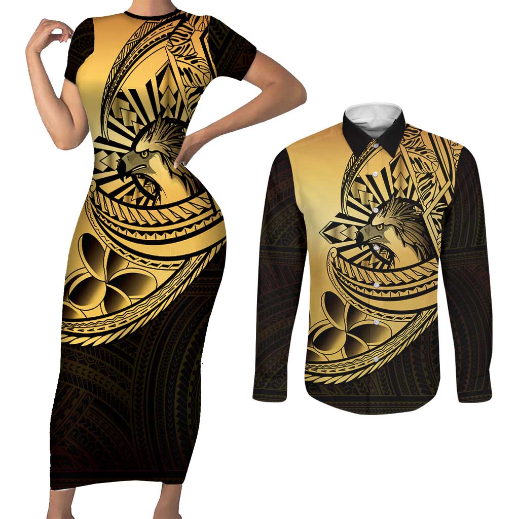 Philippines Eagle Sun Couples Matching Short Sleeve Bodycon Dress and Long Sleeve Button Shirt Filipino Agila Polynesian Tattoo Gold Color LT14 Gold - Polynesian Pride