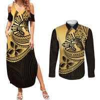 Philippines Eagle Sun Couples Matching Summer Maxi Dress and Long Sleeve Button Shirt Filipino Agila Polynesian Tattoo Gold Color