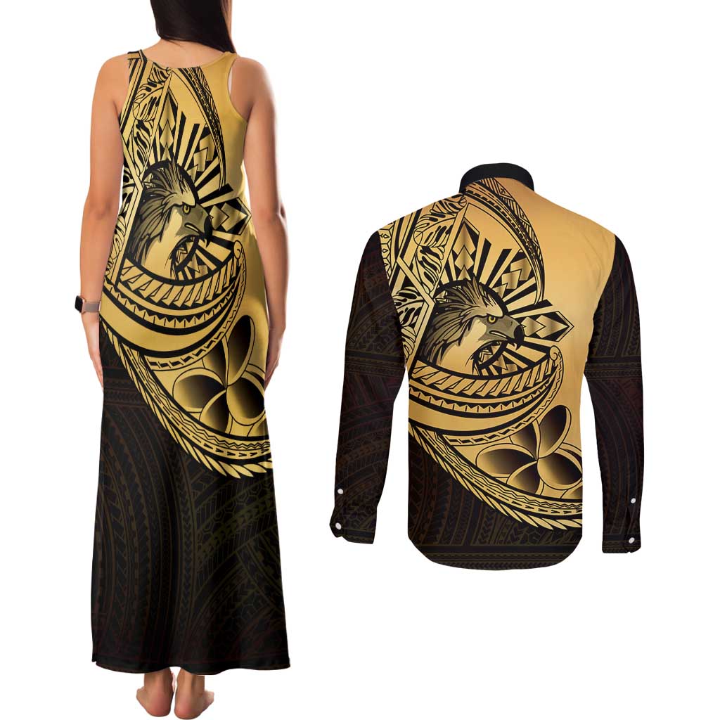 Philippines Eagle Sun Couples Matching Tank Maxi Dress and Long Sleeve Button Shirt Filipino Agila Polynesian Tattoo Gold Color