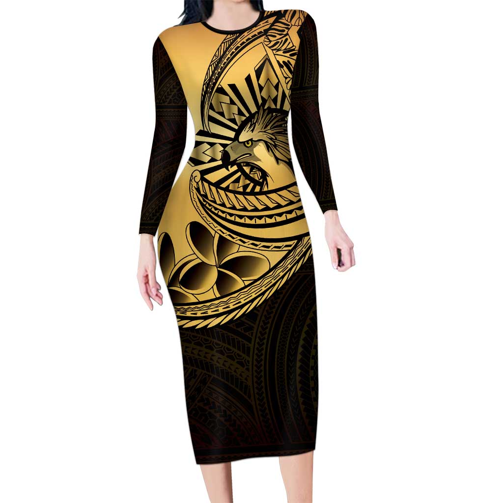 Philippines Eagle Sun Family Matching Long Sleeve Bodycon Dress and Hawaiian Shirt Filipino Agila Polynesian Tattoo Gold Color LT14 Mom's Dress Gold - Polynesian Pride