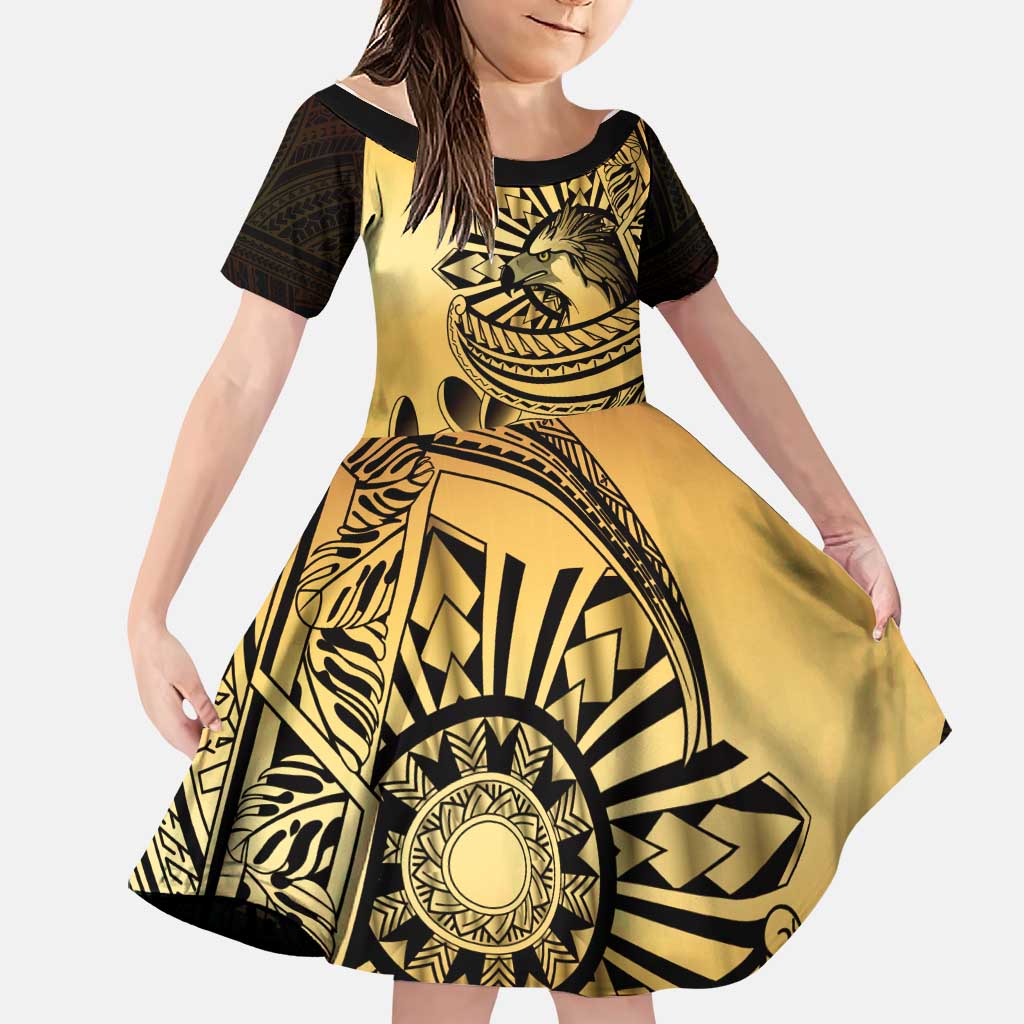 Philippines Eagle Sun Family Matching Off The Shoulder Long Sleeve Dress and Hawaiian Shirt Filipino Agila Polynesian Tattoo Gold Color LT14 Daughter's Dress Gold - Polynesian Pride