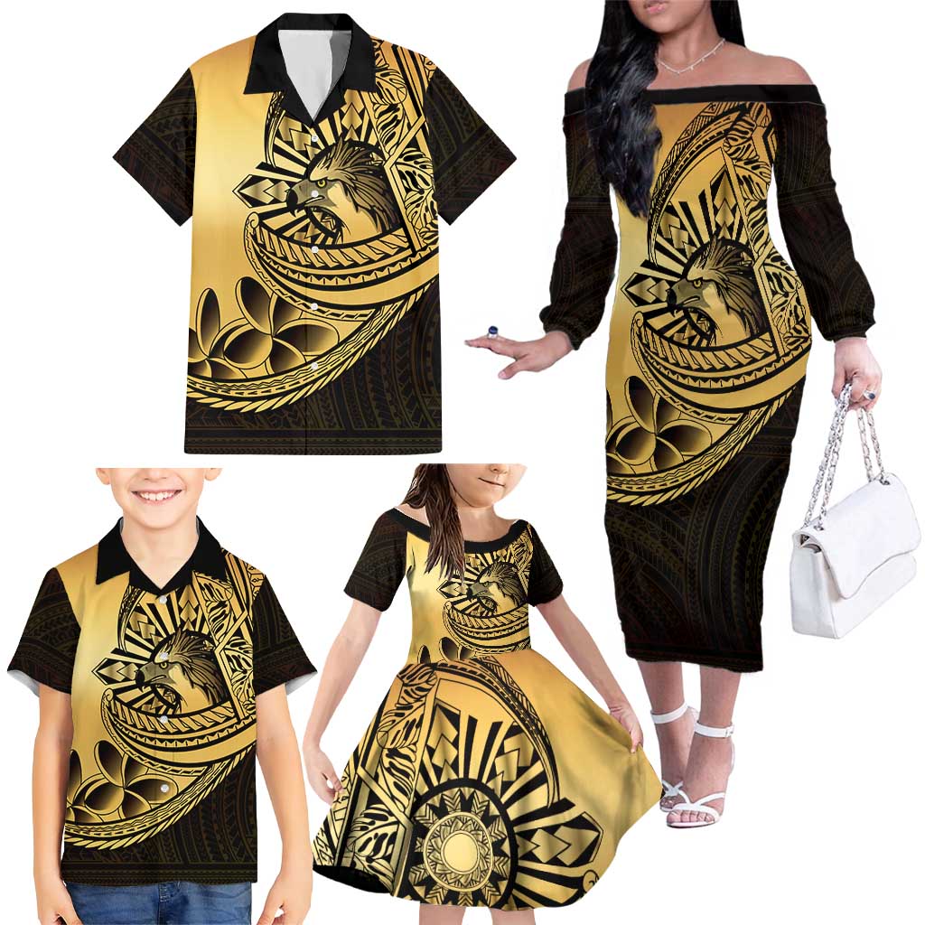 Philippines Eagle Sun Family Matching Off The Shoulder Long Sleeve Dress and Hawaiian Shirt Filipino Agila Polynesian Tattoo Gold Color LT14 - Polynesian Pride