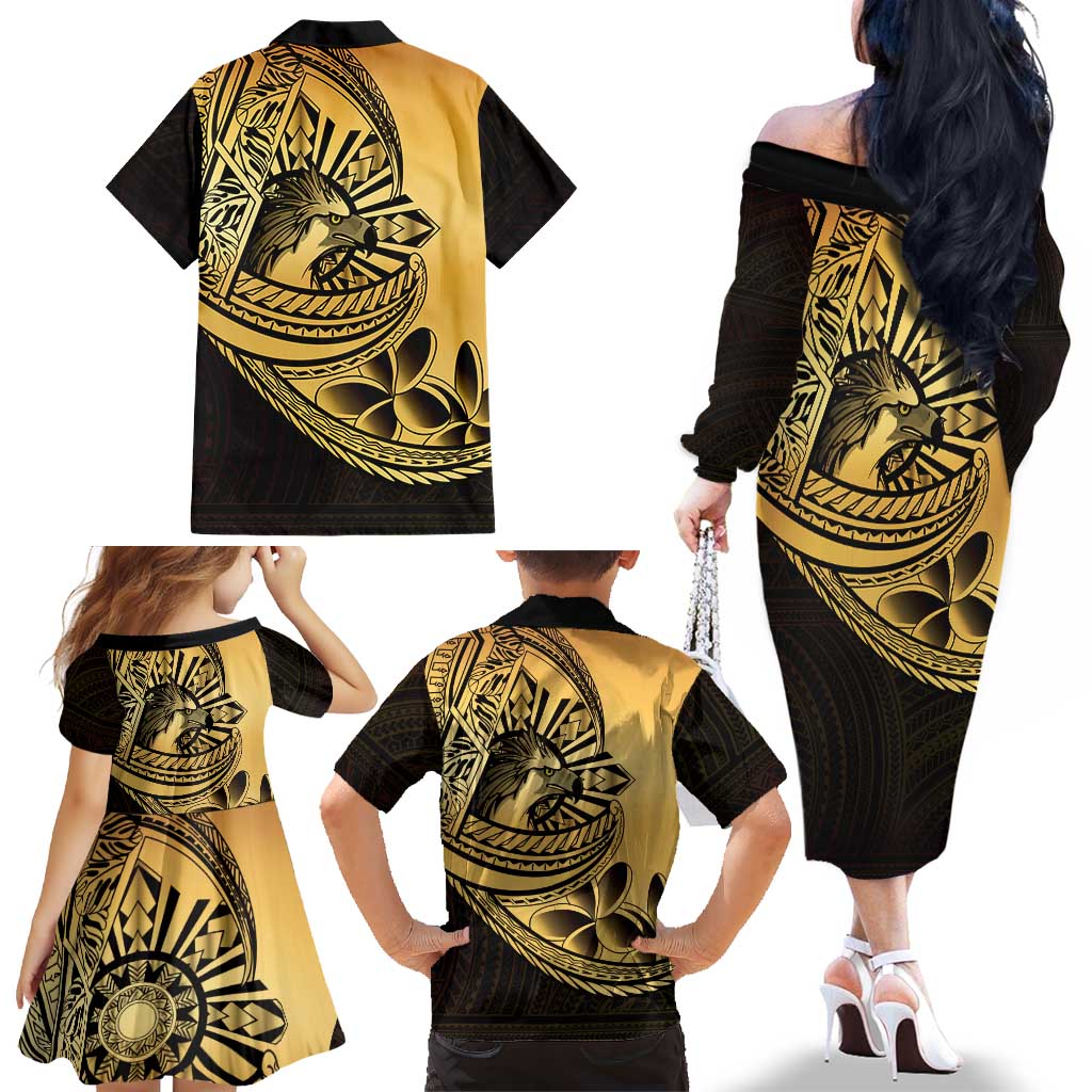Philippines Eagle Sun Family Matching Off The Shoulder Long Sleeve Dress and Hawaiian Shirt Filipino Agila Polynesian Tattoo Gold Color LT14 - Polynesian Pride