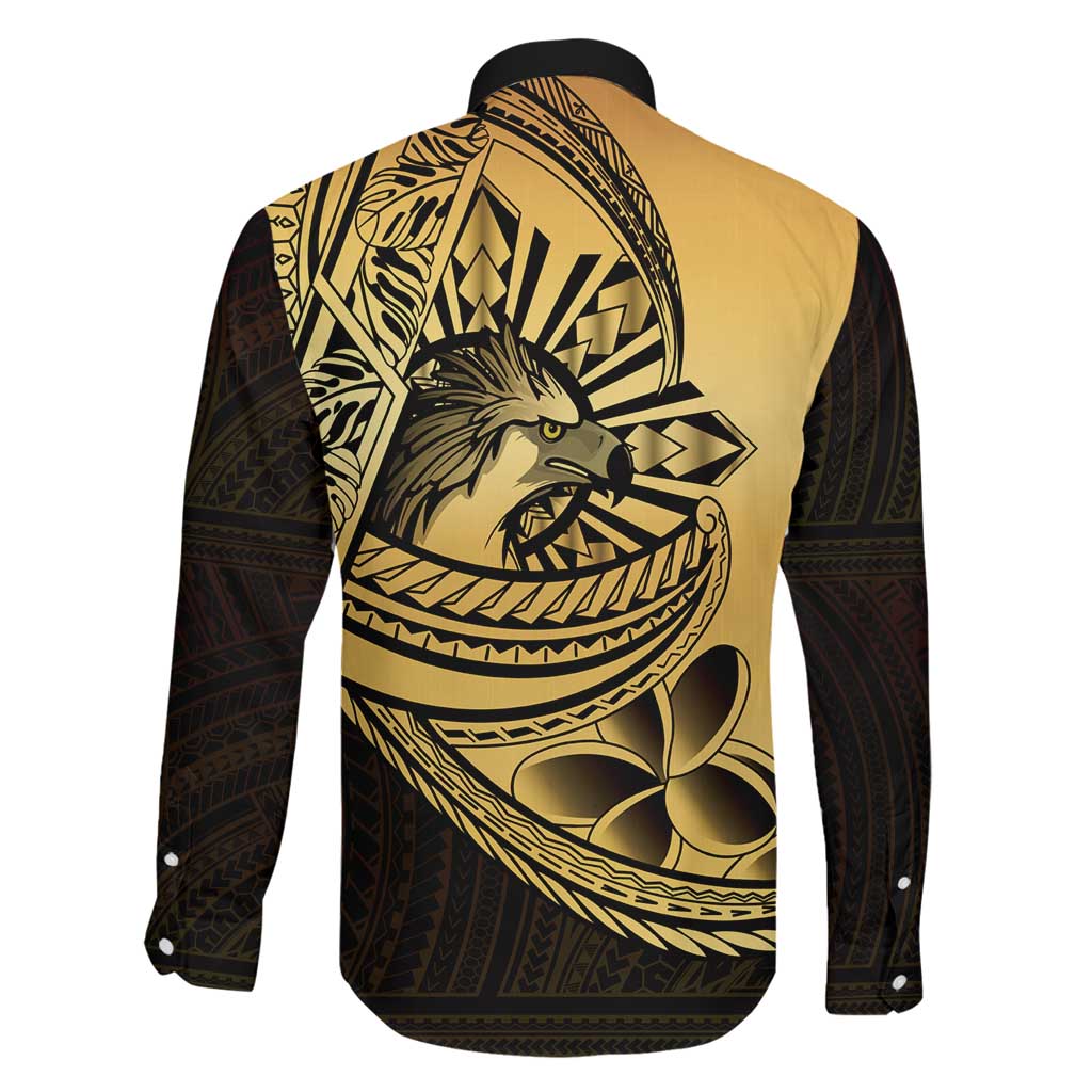 Philippines Eagle Sun Family Matching Off The Shoulder Long Sleeve Dress and Hawaiian Shirt Filipino Agila Polynesian Tattoo Gold Color LT14 - Polynesian Pride