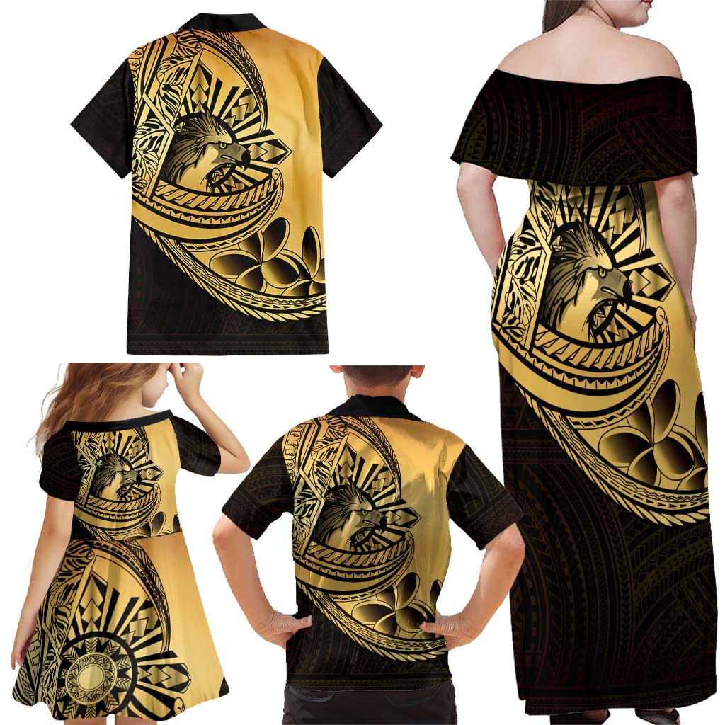 Philippines Eagle Sun Family Matching Off Shoulder Maxi Dress and Hawaiian Shirt Filipino Agila Polynesian Tattoo Gold Color LT14 - Polynesian Pride