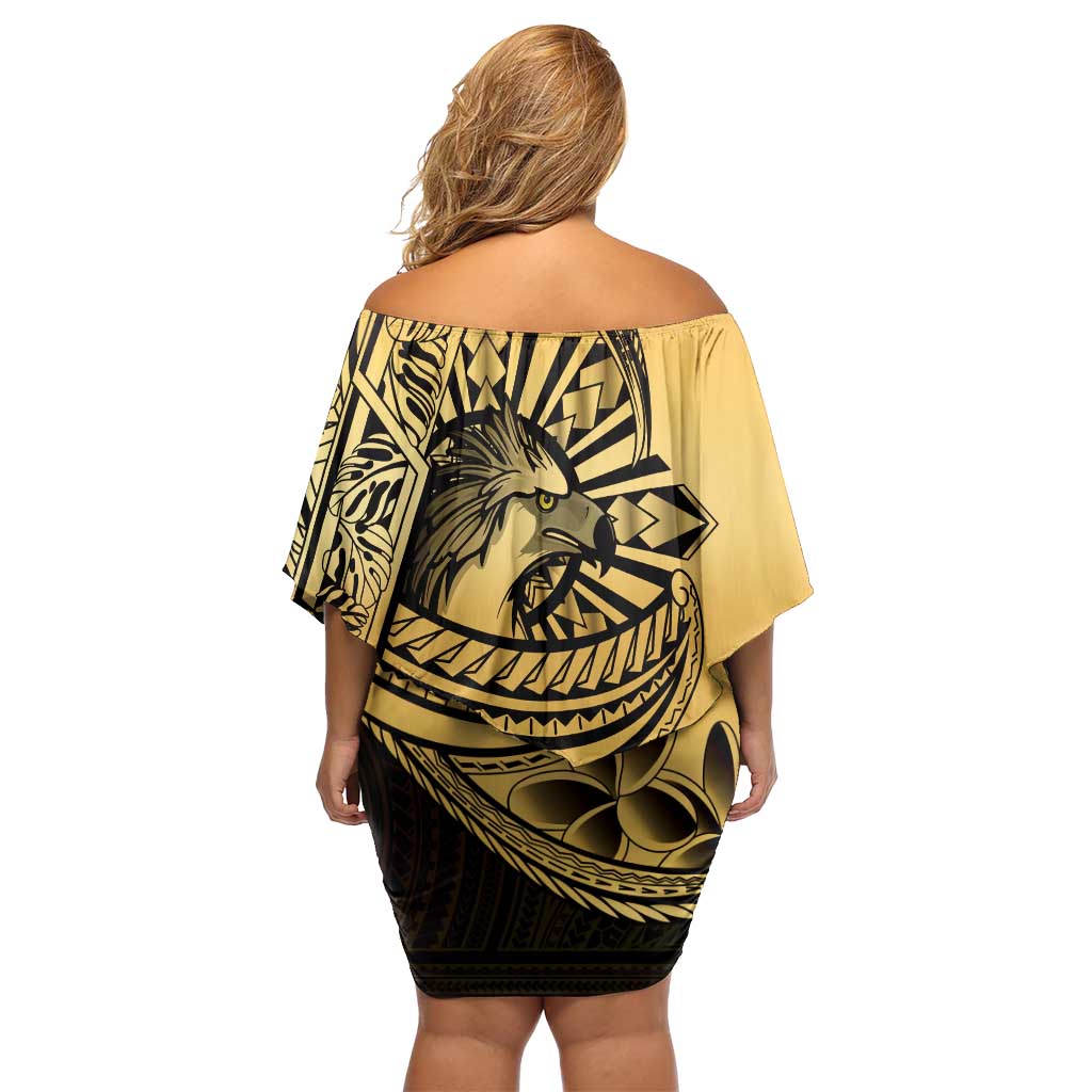 Philippines Eagle Sun Family Matching Off Shoulder Short Dress and Hawaiian Shirt Filipino Agila Polynesian Tattoo Gold Color LT14 - Polynesian Pride