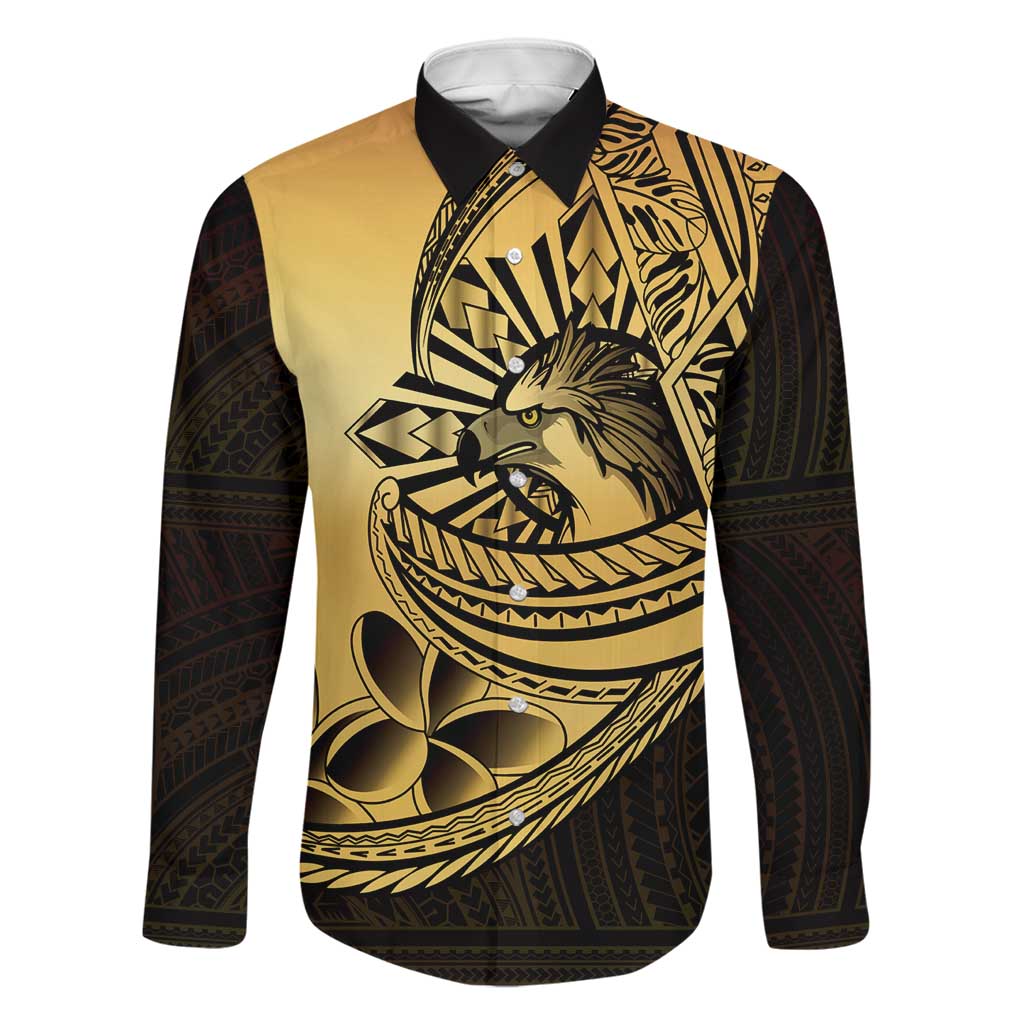 Philippines Eagle Sun Family Matching Summer Maxi Dress and Hawaiian Shirt Filipino Agila Polynesian Tattoo Gold Color LT14 Dad's Shirt - Long Sleeve Gold - Polynesian Pride