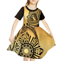 Philippines Eagle Sun Kid Short Sleeve Dress Filipino Agila Polynesian Tattoo Gold Color