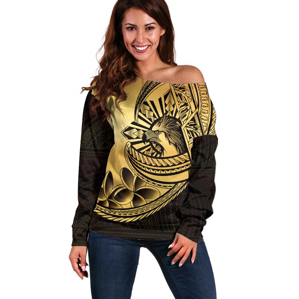Philippines Eagle Sun Off Shoulder Sweater Filipino Agila Polynesian Tattoo Gold Color