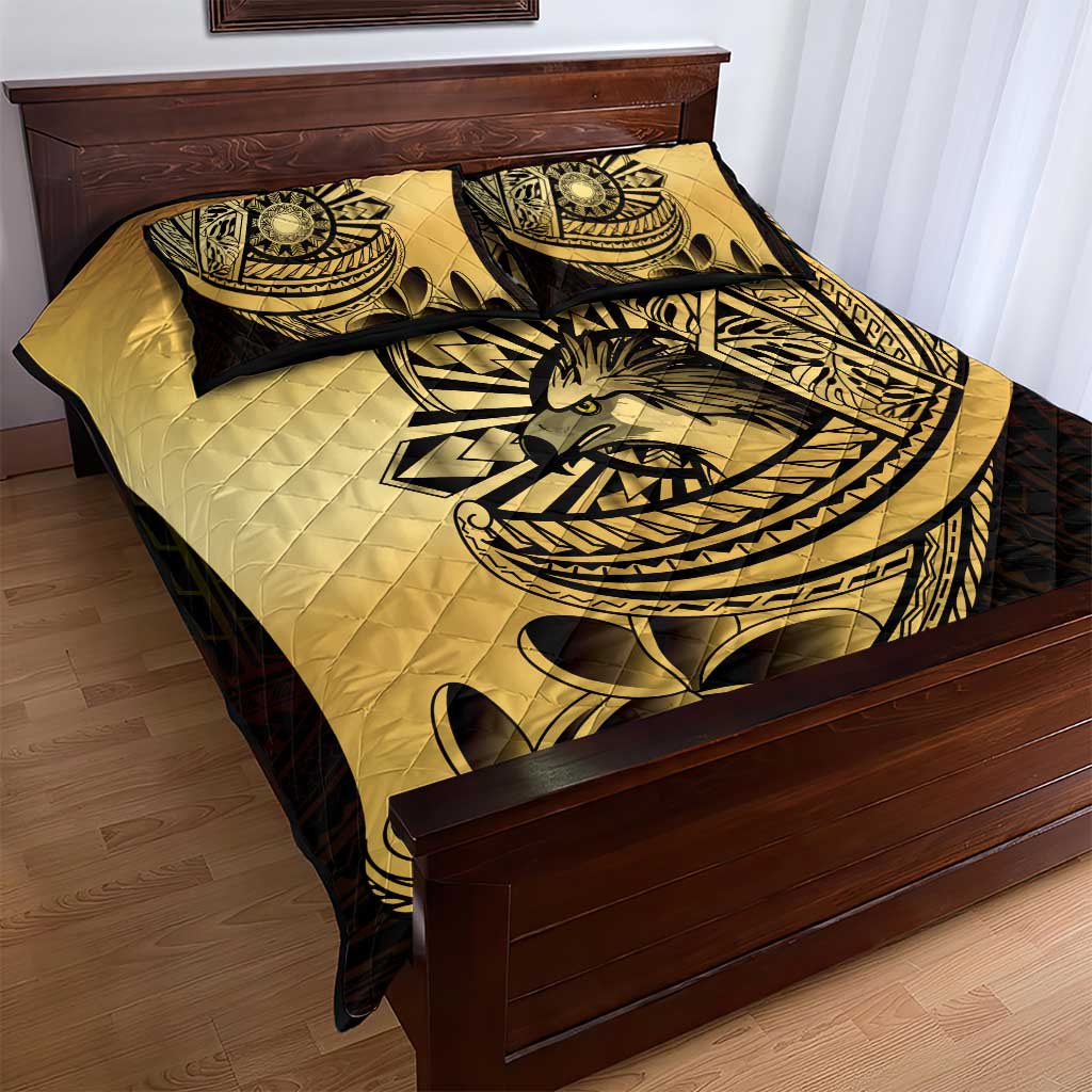 Philippines Eagle Sun Quilt Bed Set Filipino Agila Polynesian Tattoo Gold Color