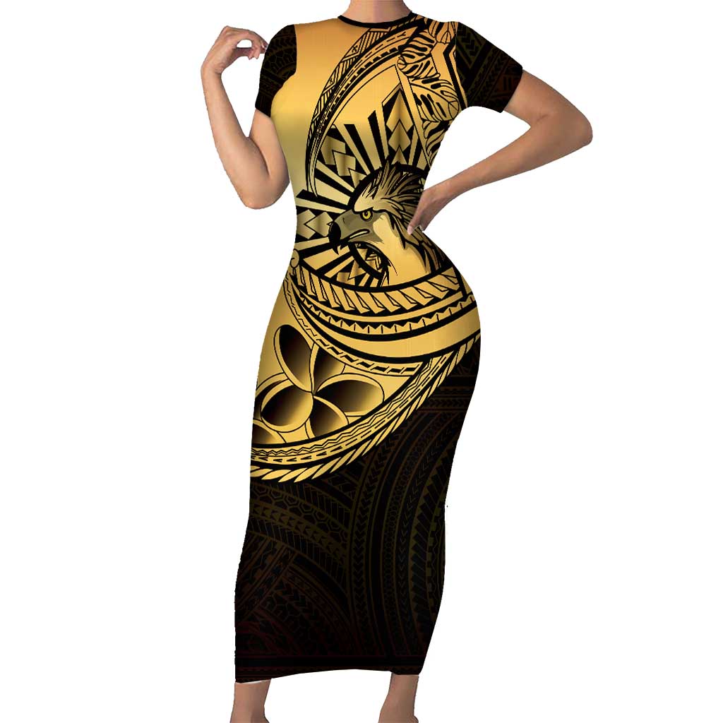 Philippines Eagle Sun Short Sleeve Bodycon Dress Filipino Agila Polynesian Tattoo Gold Color