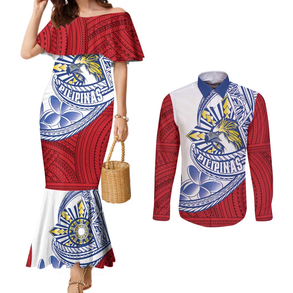Philippines Eagle Sun Couples Matching Mermaid Dress and Long Sleeve Button Shirt Filipino Agila Polynesian Tattoo Flag Color
