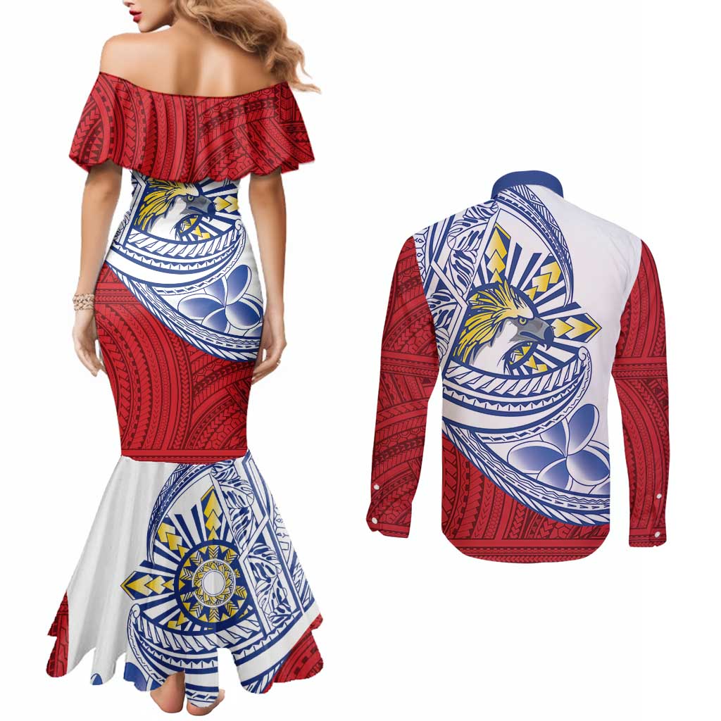 Philippines Eagle Sun Couples Matching Mermaid Dress and Long Sleeve Button Shirt Filipino Agila Polynesian Tattoo Flag Color